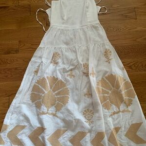 Chic White linen and Gold embroidered, Backless Dress, with strappy ties at back